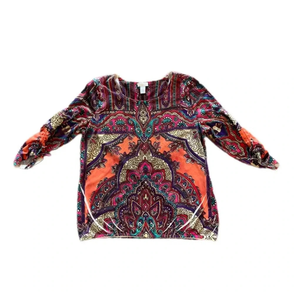 Chico’s Multicolor Jeweled Ruched Tie Sleeve Blouse Women’s Size 1 or Medium 8 - Picture 2 of 9